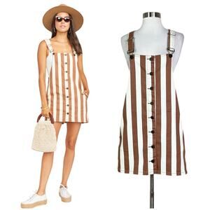 Show Me Your Mumu | Julie Striped Brown Cream White Button Boho Overall Dress S